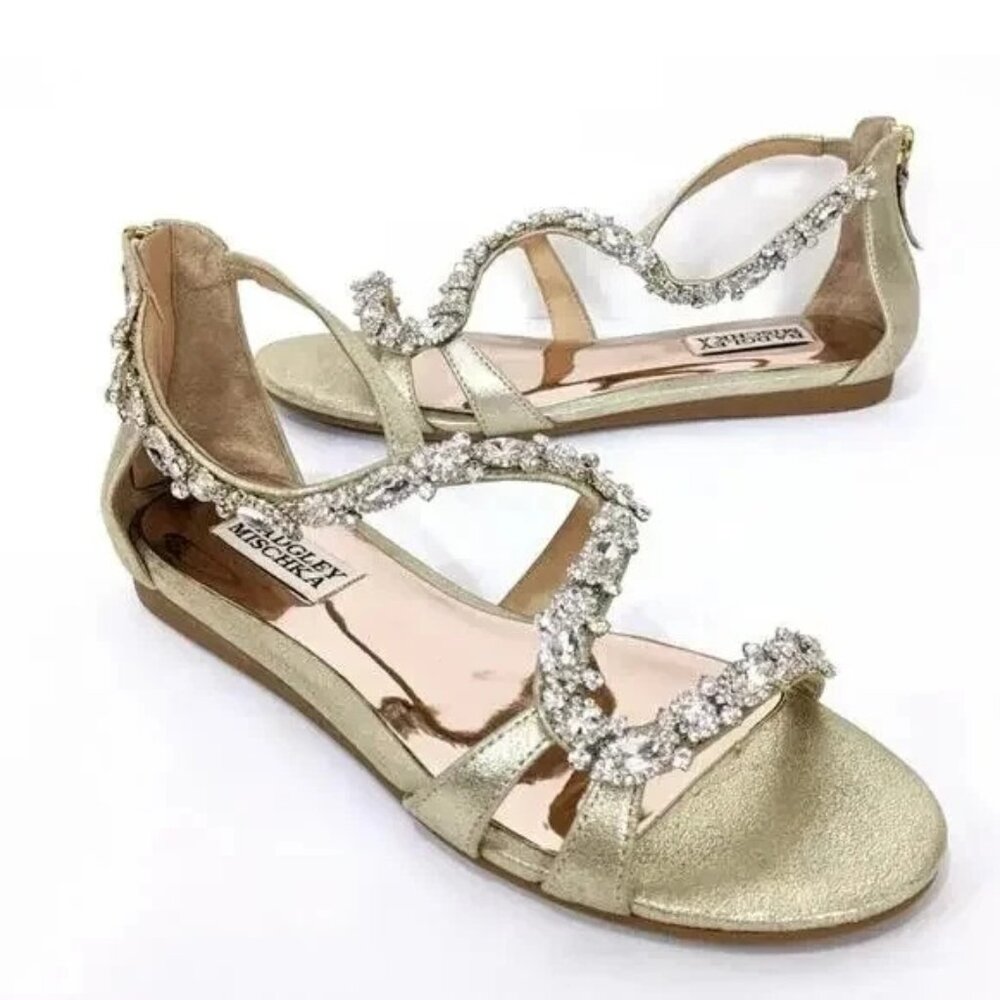 Badgley Mischka Jeweled Embellished Gold Leather Sandals 6.5